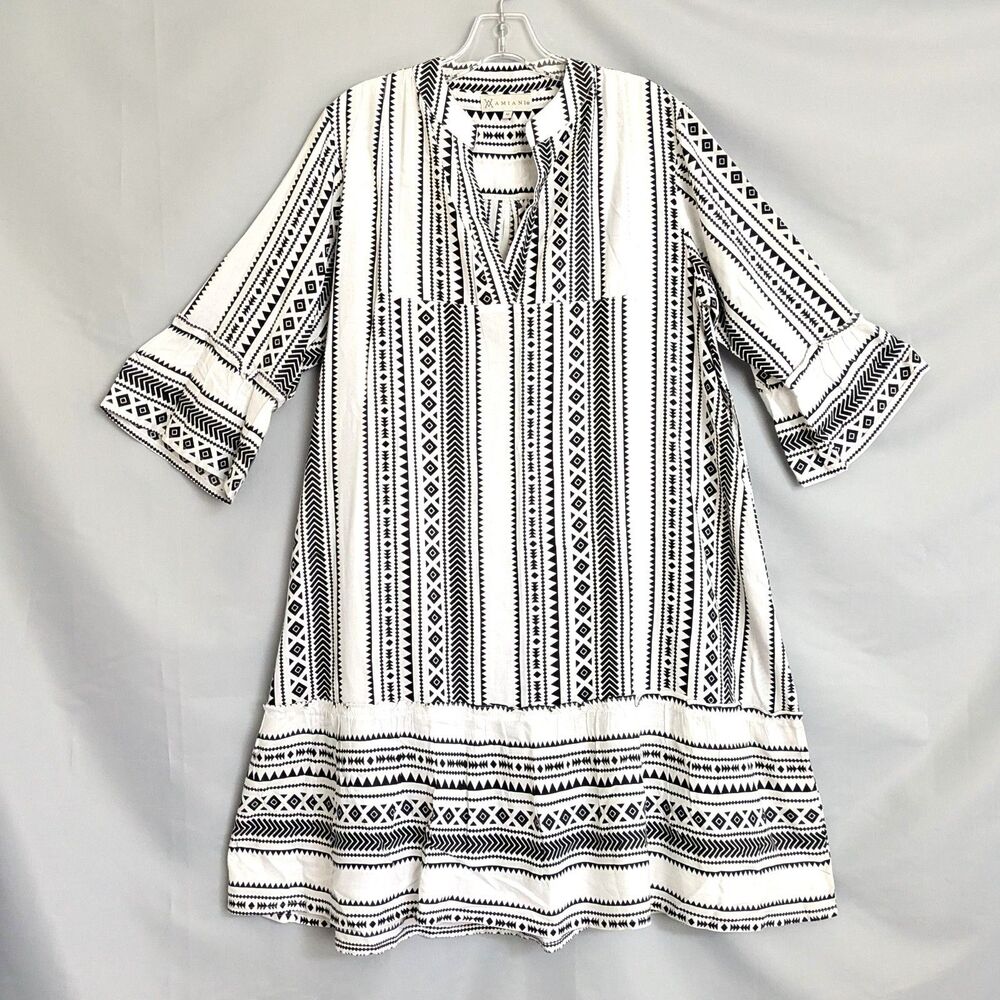 AMIANI Size M Midi Tunic Dress Boho Black White Geometric Aztec Sleeve Tiered